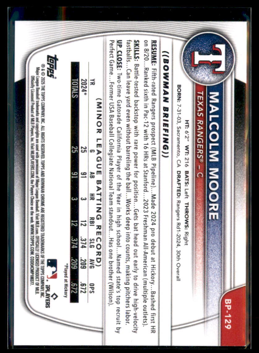2025 Bowman Prospect Paper Malcolm Moore Texas Rangers #BP-129 5 Card Lot