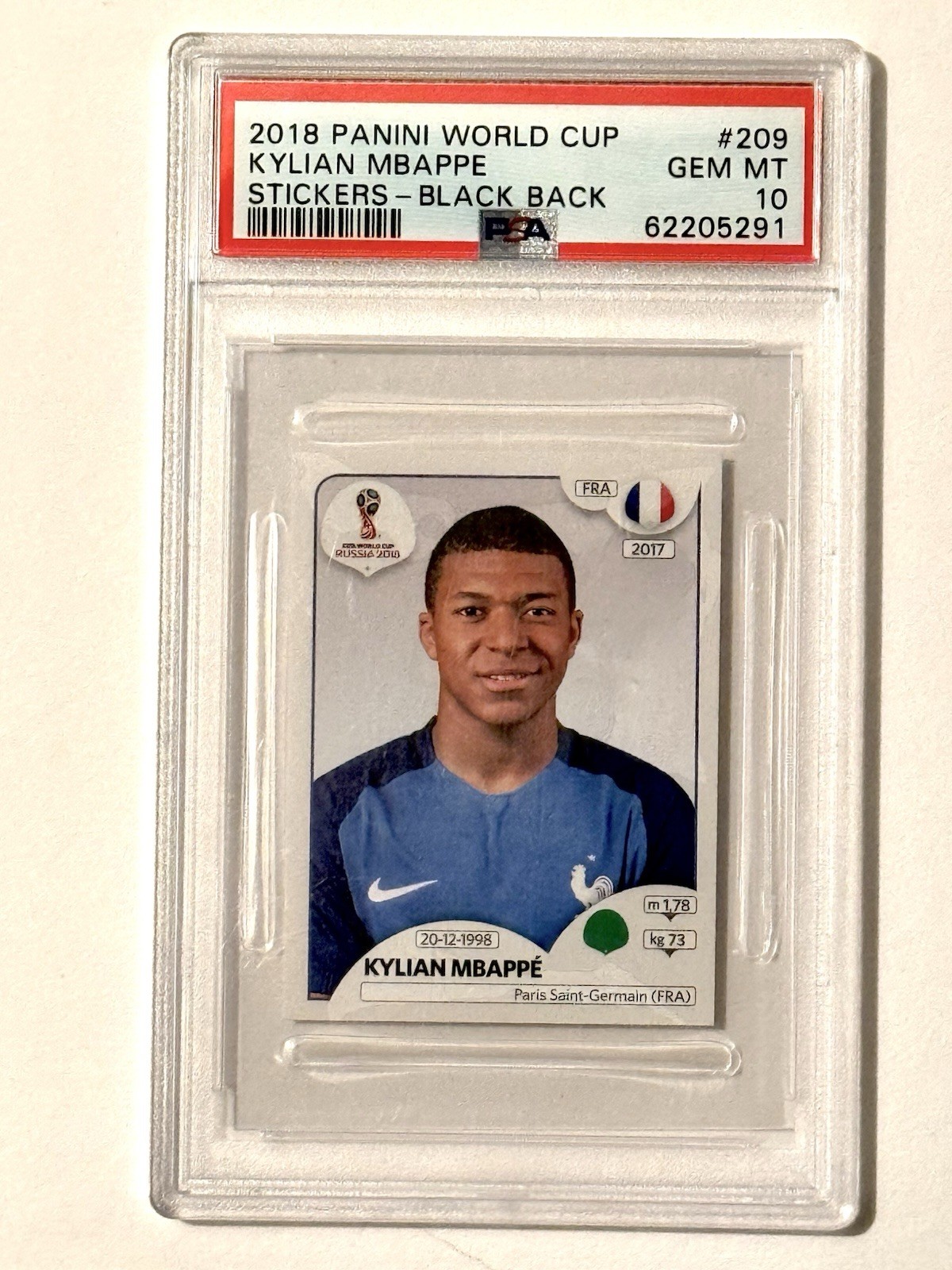2018 Panini World Cup Kylian Mbappe Rookie Sticker #209 Black Back PSA 10 GEM