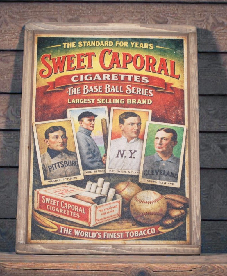Sweet Caporal Tobacco Vintage Style Art Wood Baseball Ad Sign 12×16 Cobb Wagner