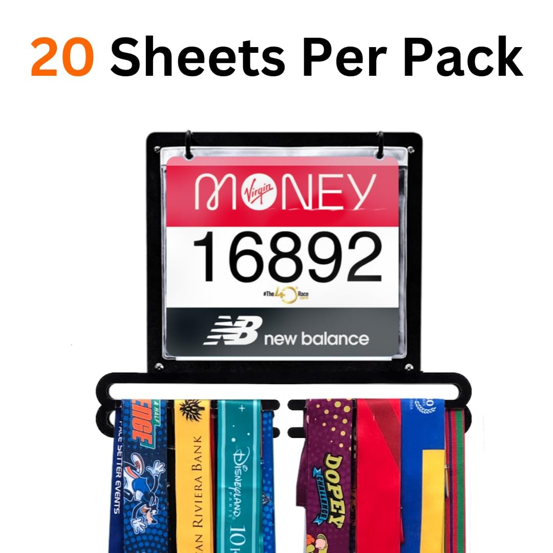 Race Bib Medal Display Sheets 20 Pack – Vinyl Sheet Protector – Vinyl Bib Pou…