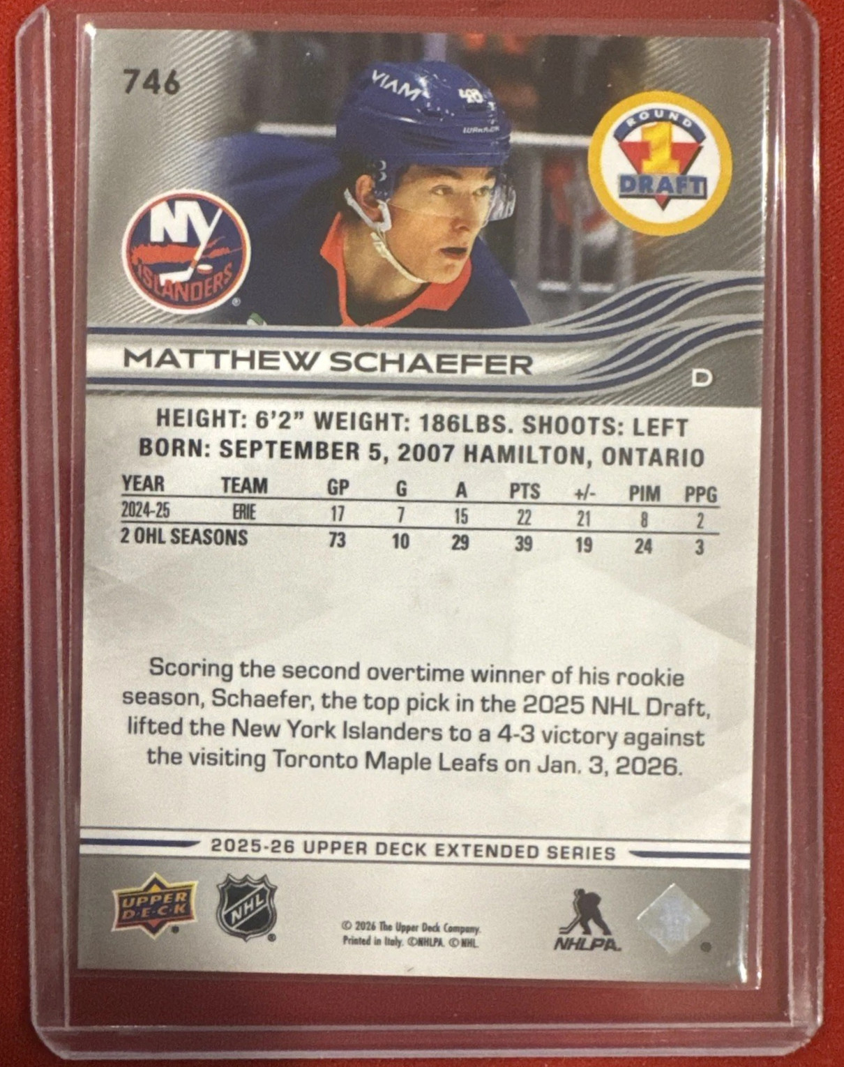 2025-26 UPPER DECK EXTENDED MATTHEW SCHAEFER ROOKIE RC 1ST ROUND DRAFT