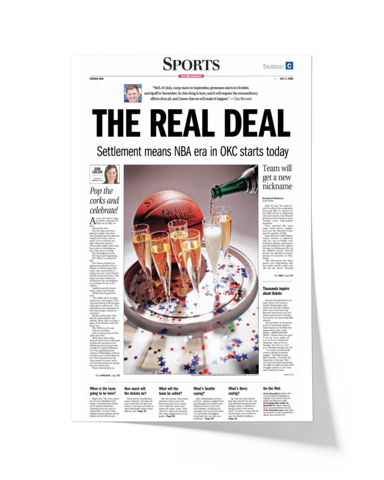 2008 Oklahoma City Thunder NBA Arrival “The Real Deal” – Framed Newspaper