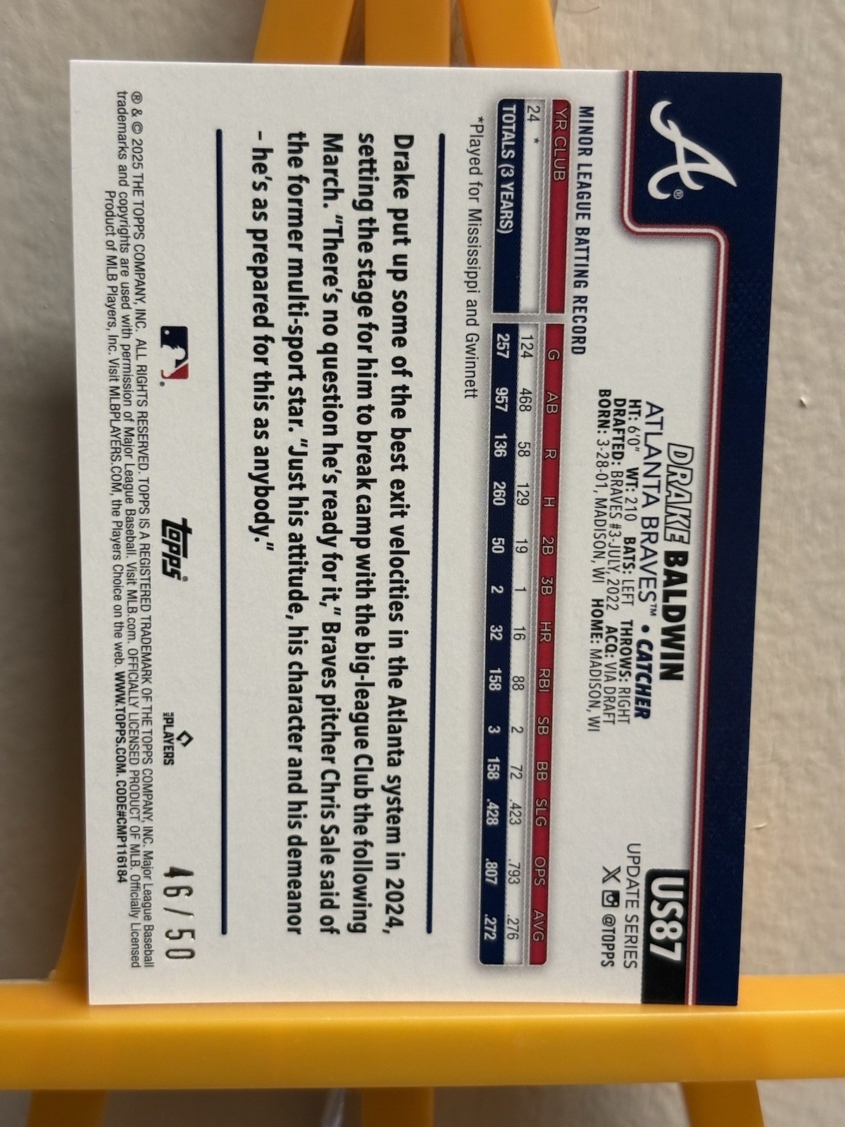 2025 Topps Update Drake Baldwin RC Canvas /50 SSP 🔥📈💎 Braves #US87