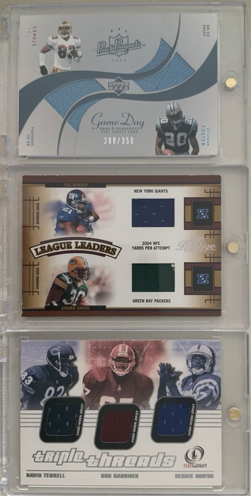 2001-05 Game Day Materials #TT-TGW, LL-11, /250 & DJC-JF /350 (MEM, SN) Lot