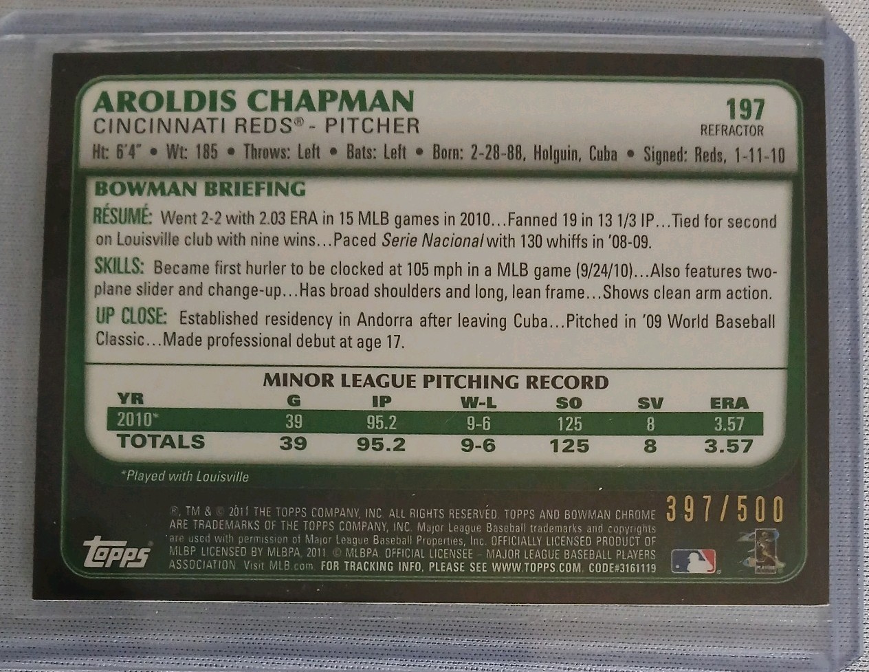 Topps 2011 Bowman Chrome Refractor Rookie Auto #197 Aroldis Chapman Reds /500