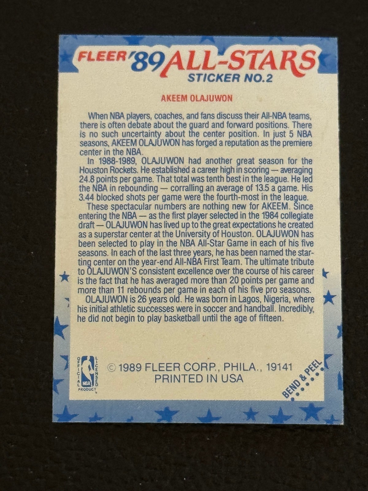 1989-90 Fleer – All-Stars Stickers Hakeem Olajuwon #2