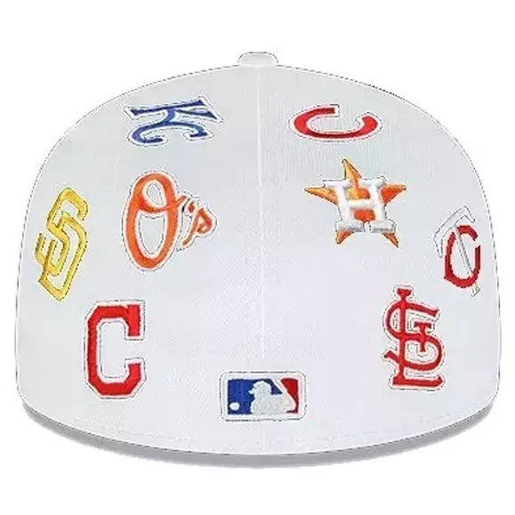 “BOXED” MLB Teams Patch Logos All-Over Black/White 59FlFTY Fitted Cap-5950 Hat