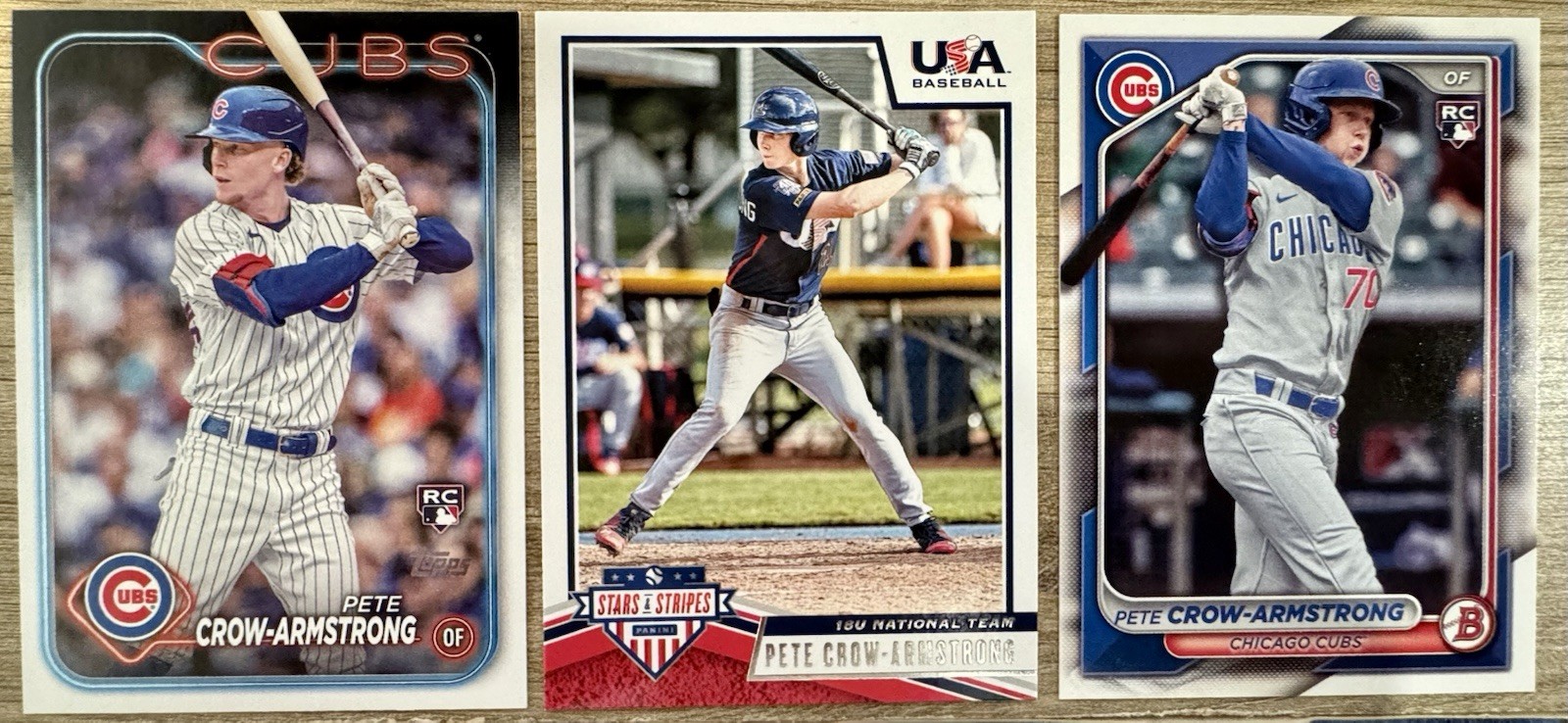 Pete Crow-Armstrong 3 Card Rookie USA Lot RC Topps Bowman Stars & Stripes Cubs