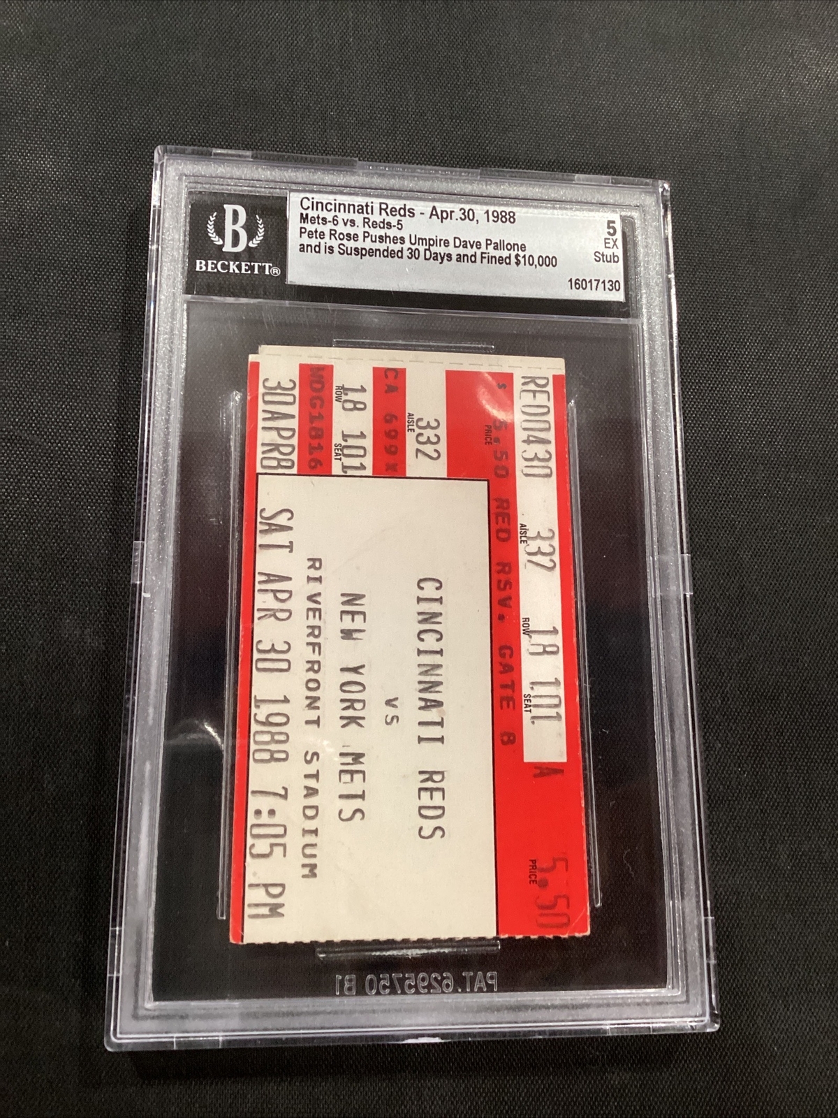 1988 Cincinnati Reds Pete Rose Pushes Umpire Suspended 30 Days Ticket 5 EX Stub