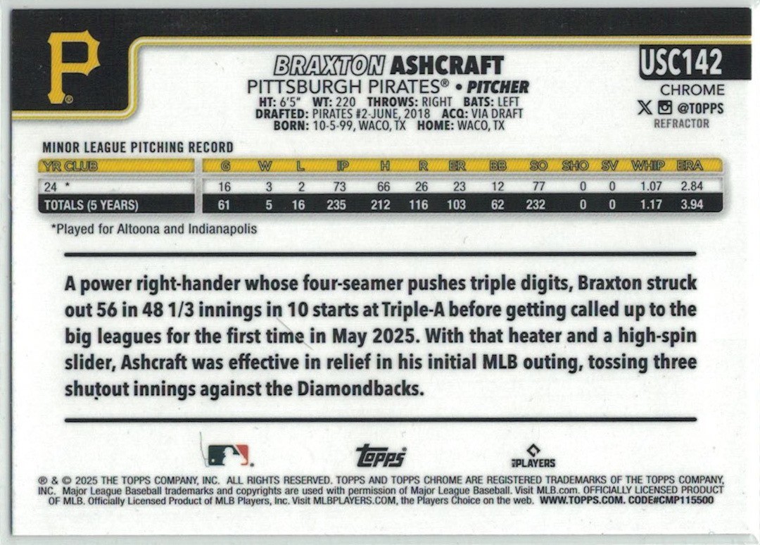2025 Topps Chrome Update #USC142 Braxton Ashcraft Refractor Rookie RC Pirates