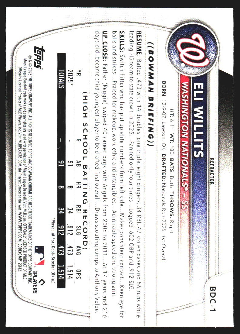 2025 Bowman Draft #BDC-1 Eli Willits Chrome Refractor
