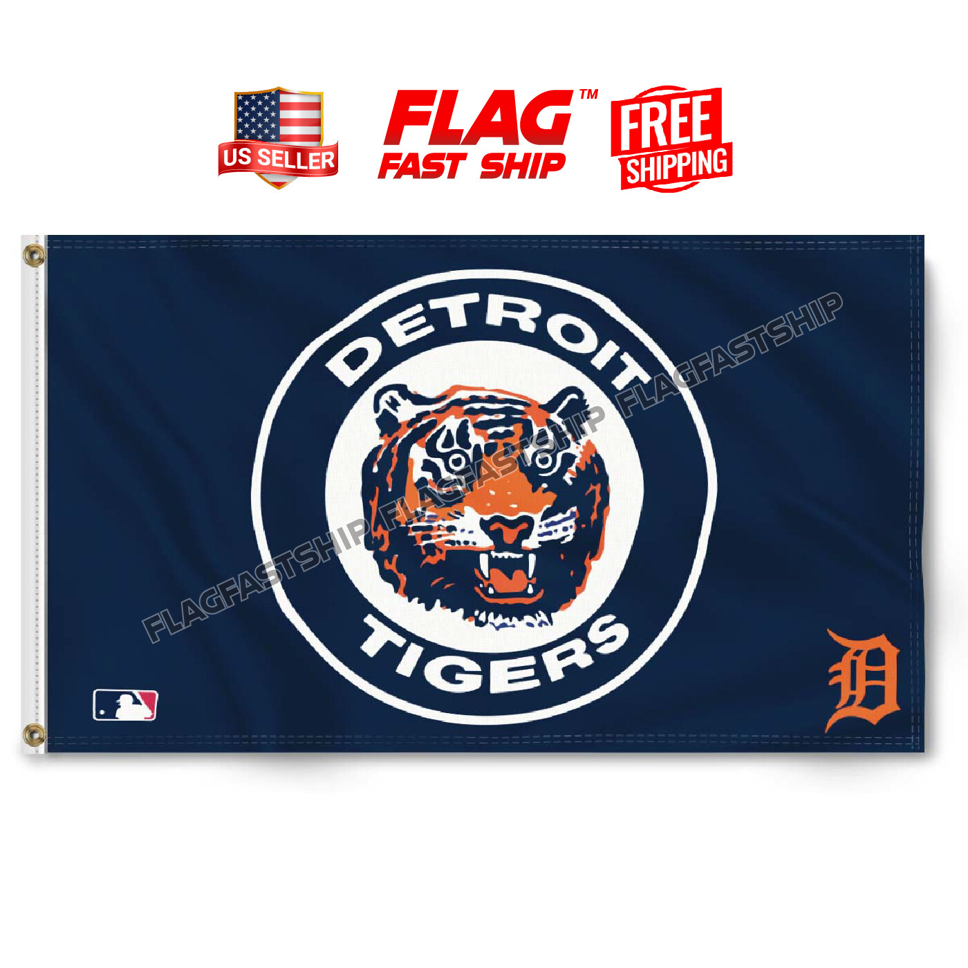 Detroit Tigers 3×5 FT Banner Logo Grommets Cave Man Fast FREE Shipping US Seller