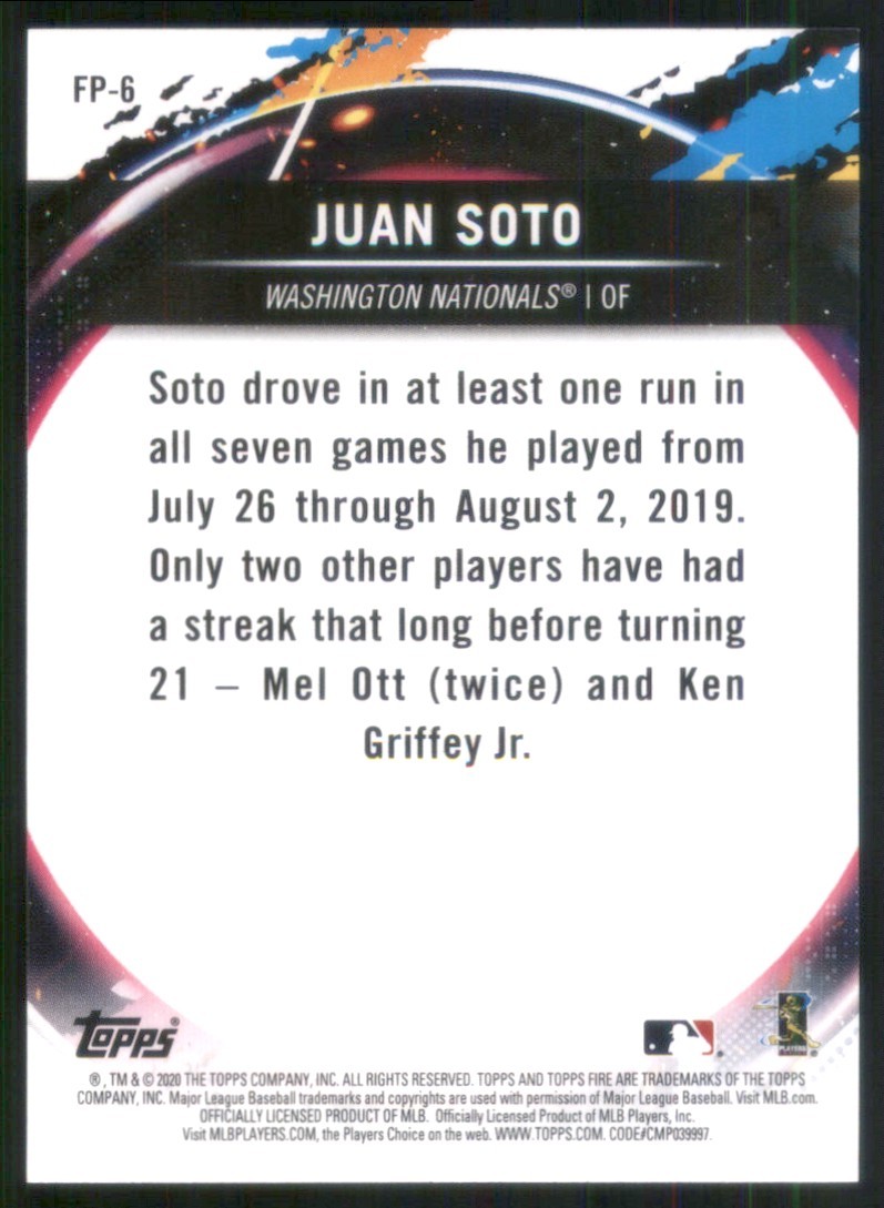 2020 Topps Chrome Topps Fire Preview #FP-6 Juan Soto Washington Nationals TW1299