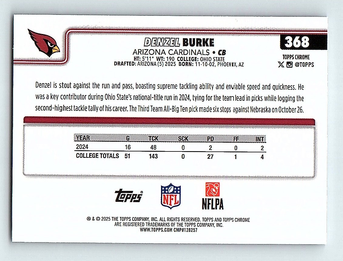 2025 Topps Chrome Lava Refractor Denzel Burke Rookie Arizona Cardinals #368