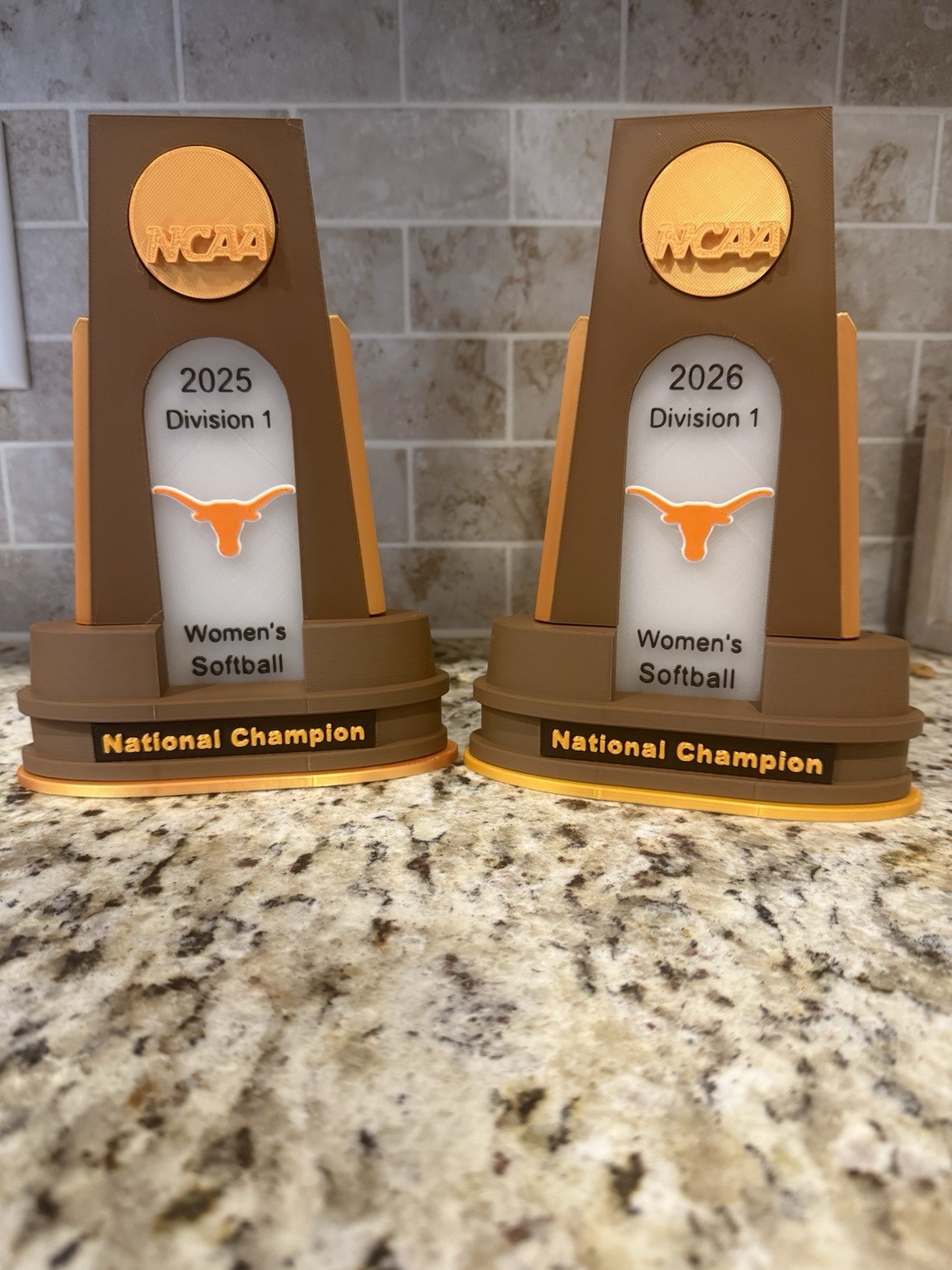 2 Texas longhorns 2025 and 2026 softball national champion trophy 3d printed pla