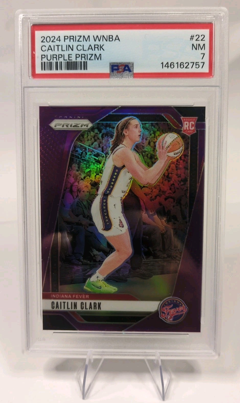 Caitlin Clark 2024 WNBA Panini Prizm Purple Prizm 121/149 Rookie RC PSA 7 #22