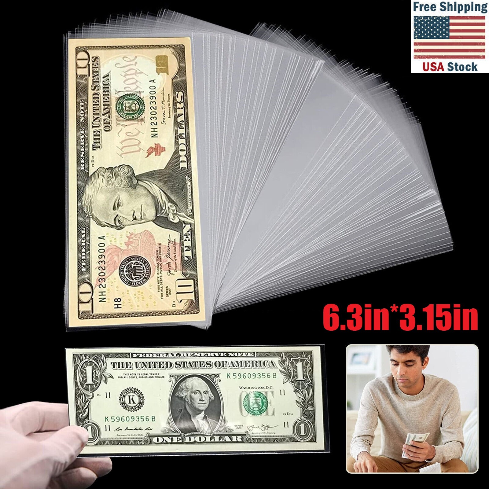 100PCS Clear Thicken Paper Money Currency Collection Sleeves Protector Case