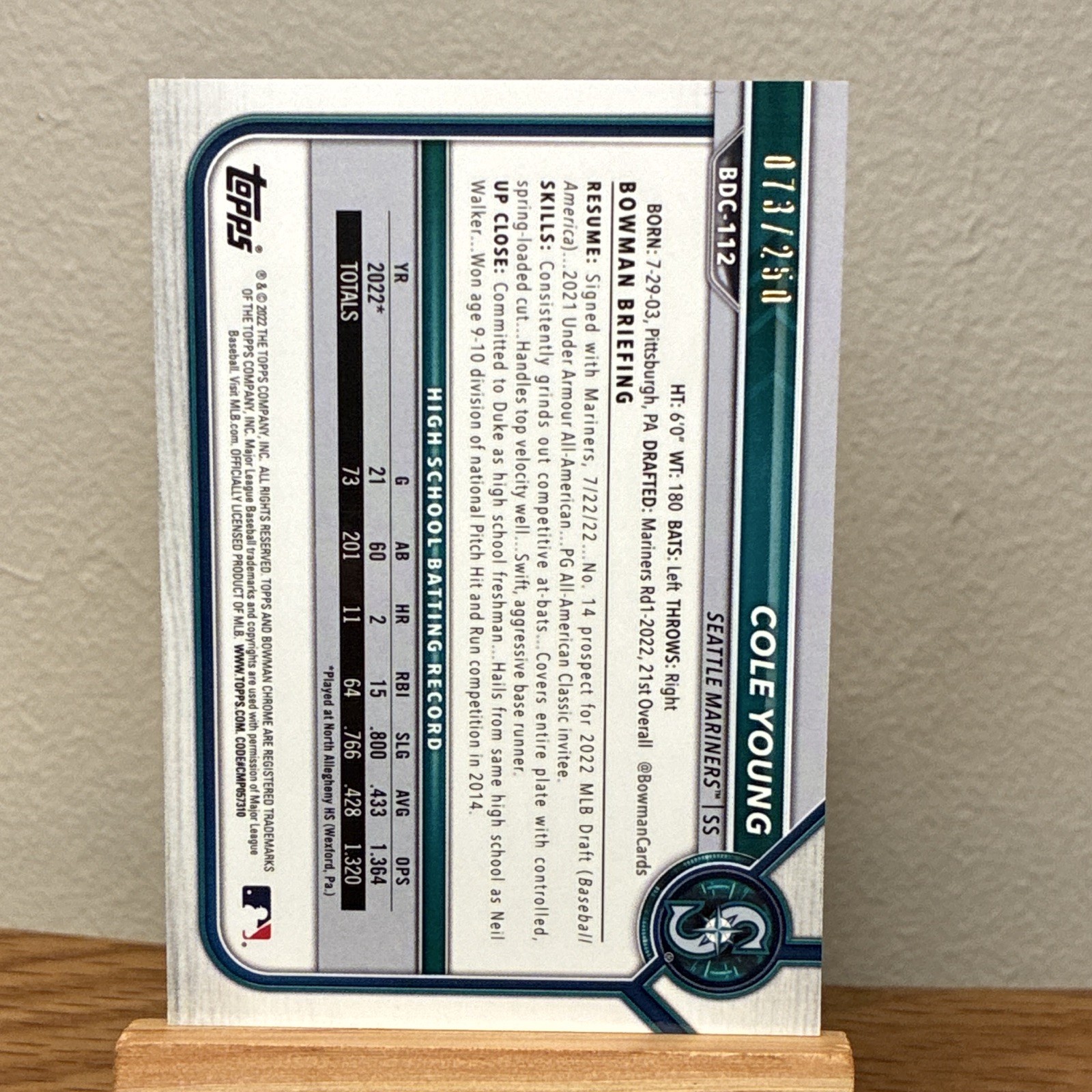 Bowman 2022 Draft Chrome Cole Young 1st Bowman Purple /250 #BDC-112 Mariners