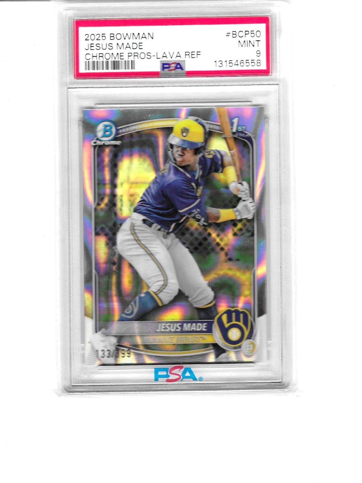 2025 Jesus Made 1st Bowman Chrome Lava /399 #BCP50 Brewers PSA 9