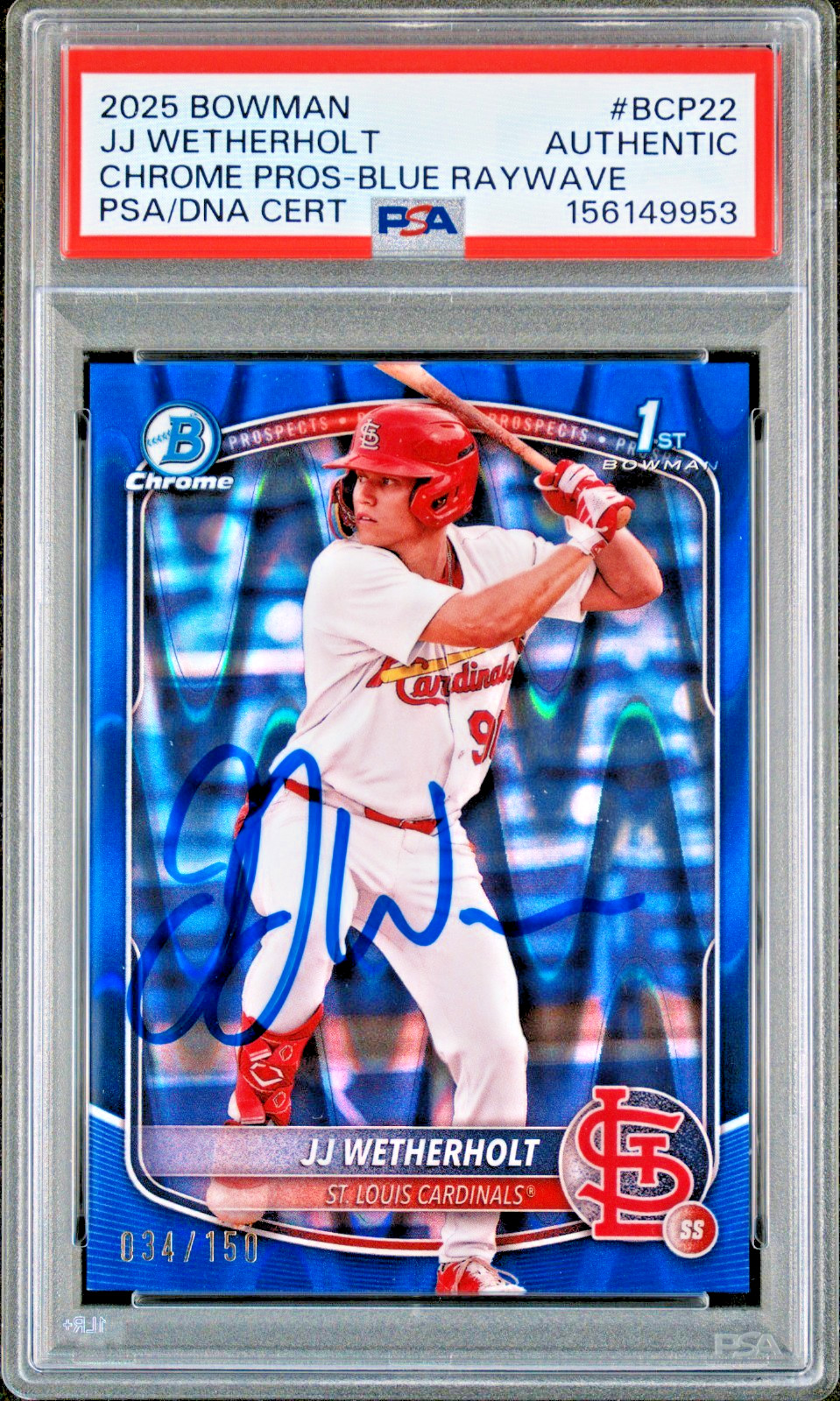 JJ Wetherholt Signed Auto 2025 1st Bowman Blue Ray Wave Refractor /150 PSA DNA