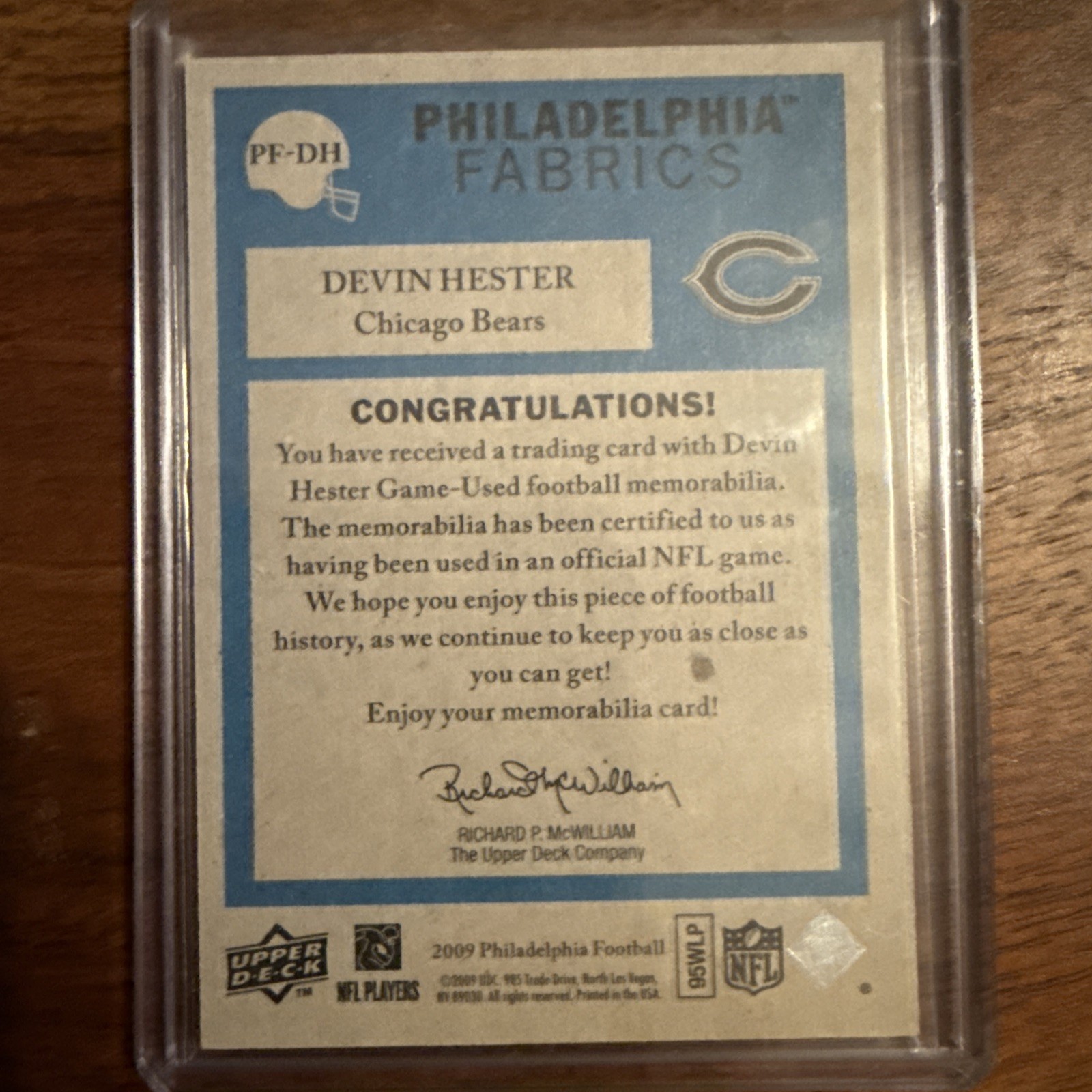 2009 Philadelphia #PF-DH Devin Hester Fabric Game Used Jersey Card GU JC