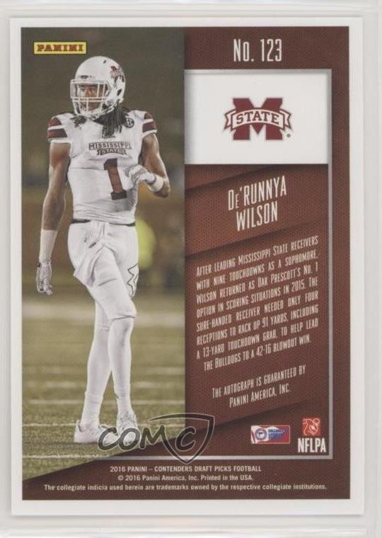 2016 Panini Contenders Draft Picks De’Runnya Wilson #123 Rookie Auto RC 3lz