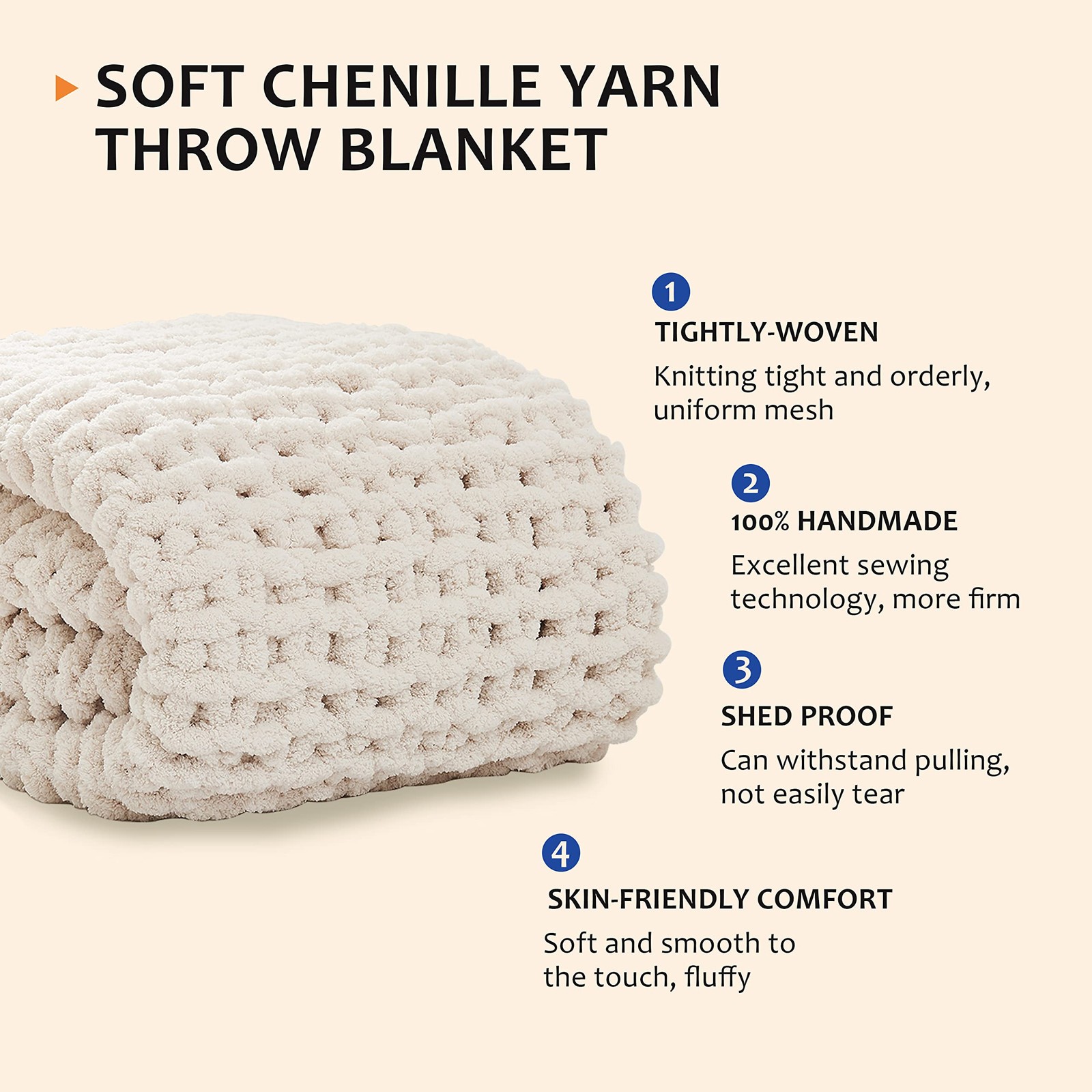 L’AGRATY Chunky Knit Blanket Throw,Soft Chenille Yarn Throw 50″x60″, Ivory