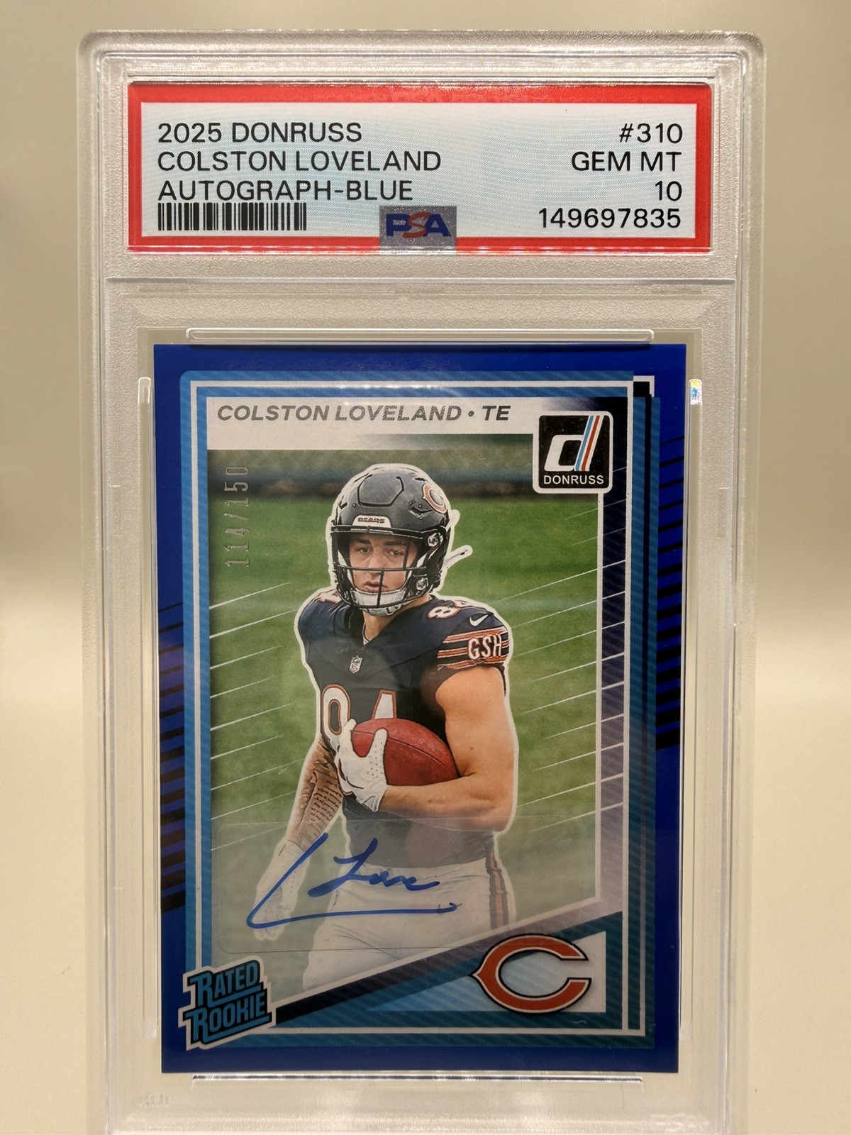 2025 Donruss Colston Loveland Rookie Color Match Auto /150 PSA GEM10. Pop ct. 1