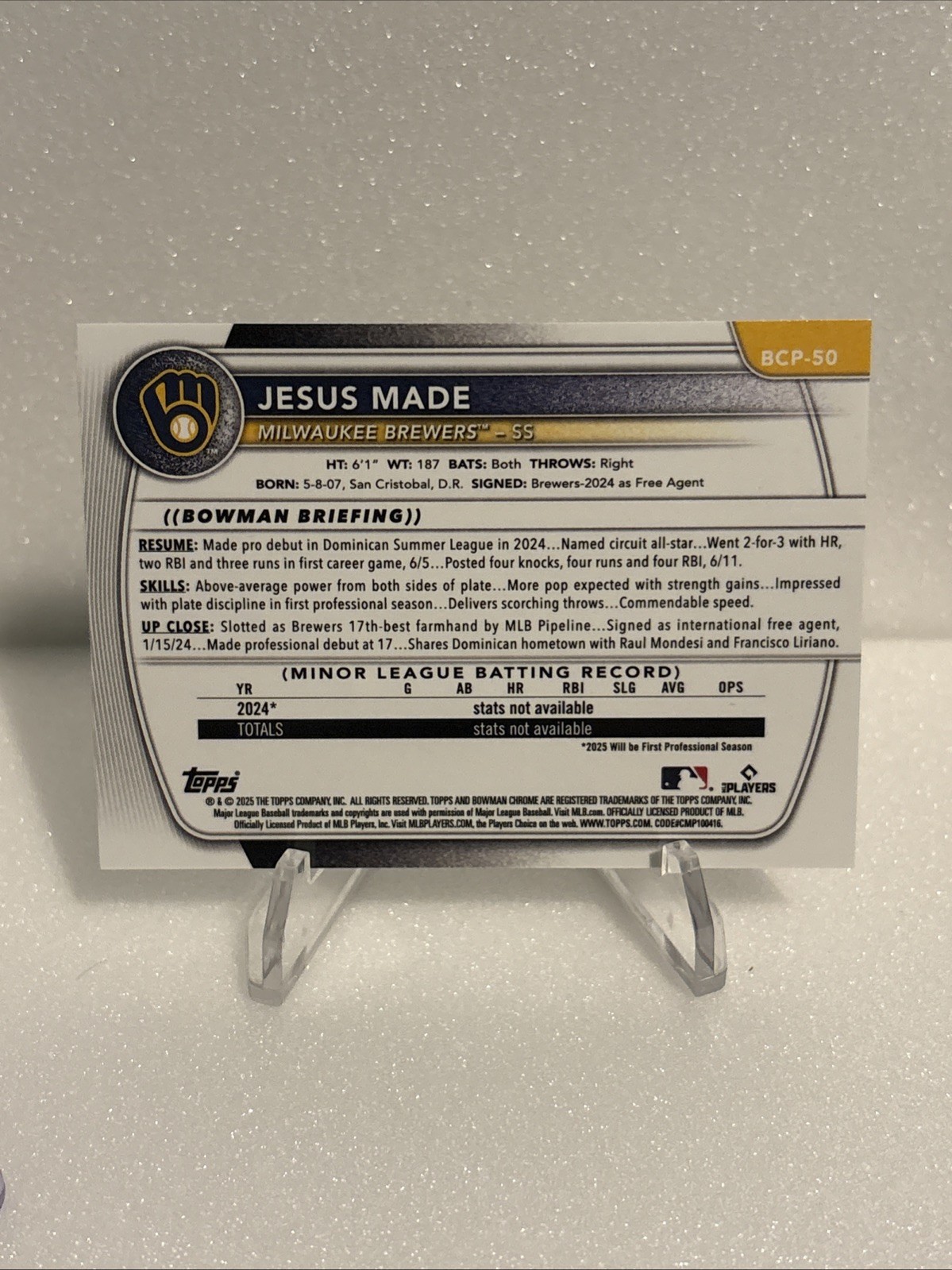 2025 Bowman – 1st Bowman Chrome Jesus Made #BCP-50 (RC) Milwaukee Brewers