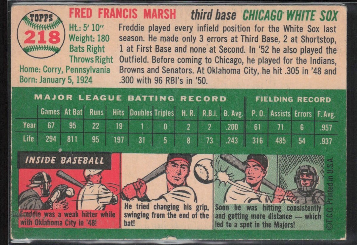 1954 Topps #218 Fred Marsh LOW GRADE (scratches)