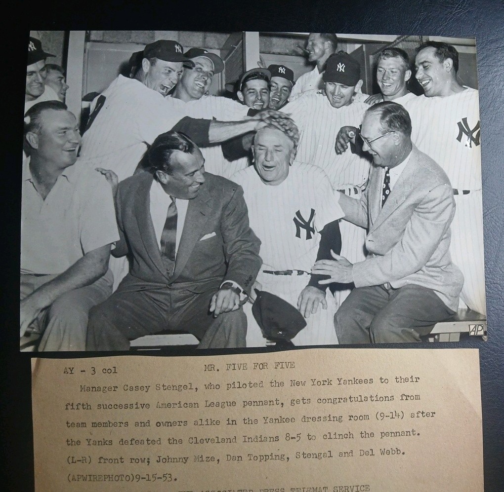 1953 New York Yankees Original AP Wire Photo Mickey Mantle Casey Stengel Pennant
