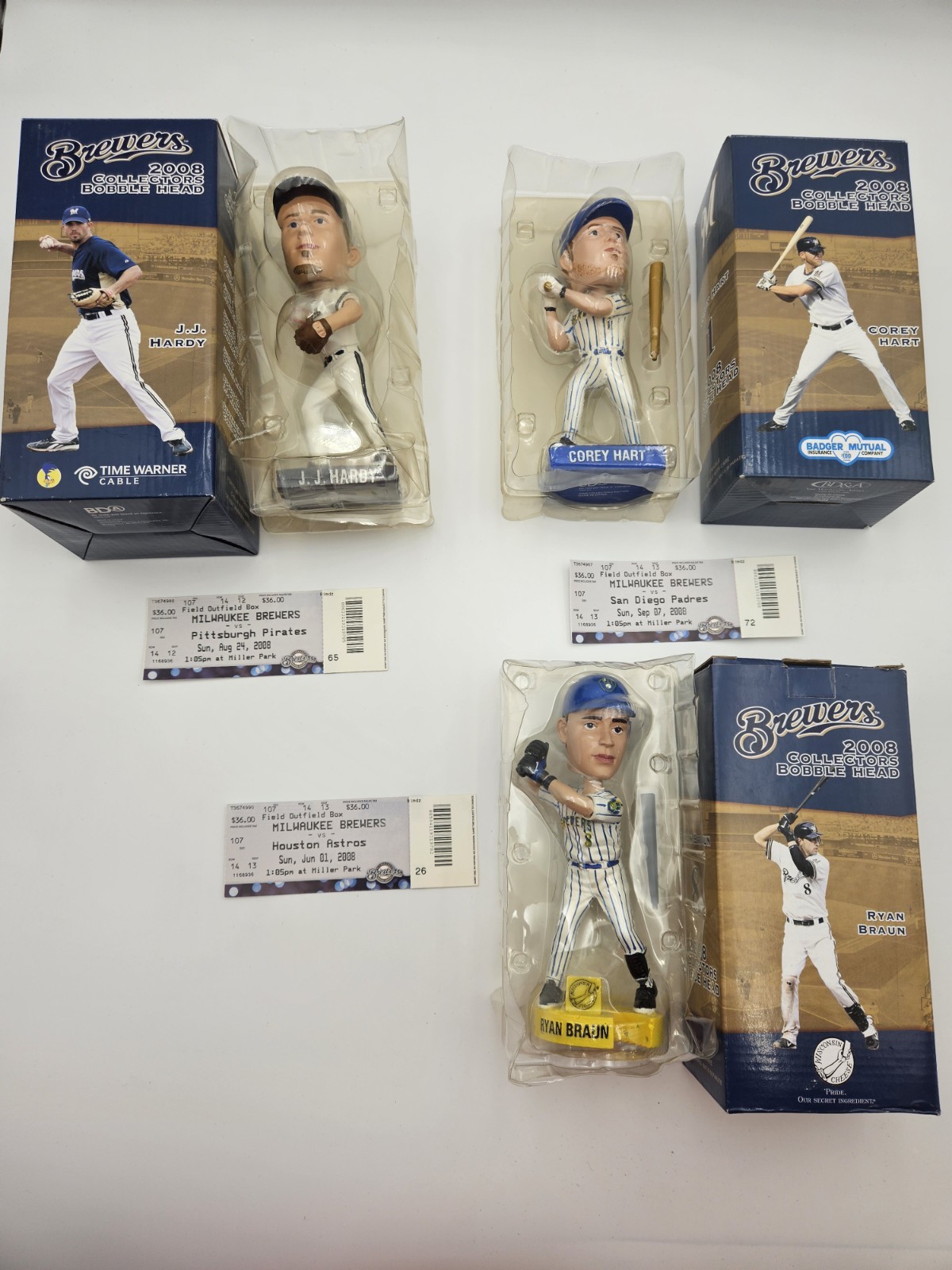 Lot Of 3 Vintage Milwaukee Brewers Bobbleheads 2008 With Tickets