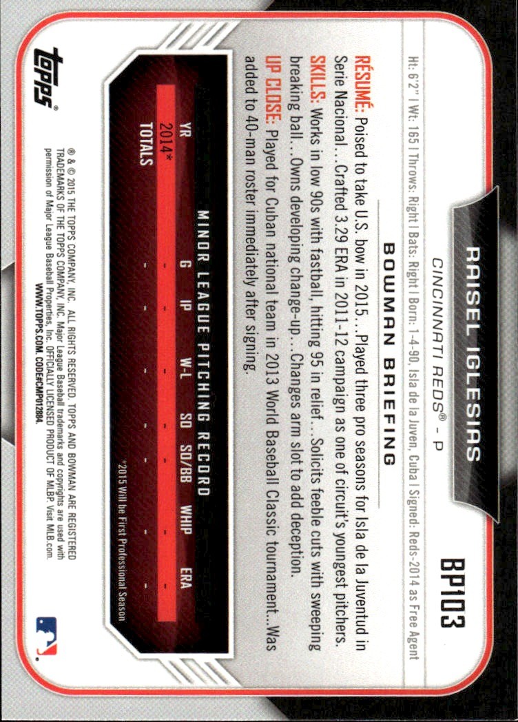 2015 Bowman #BP103 Raisel Iglesias Cincinnati Reds