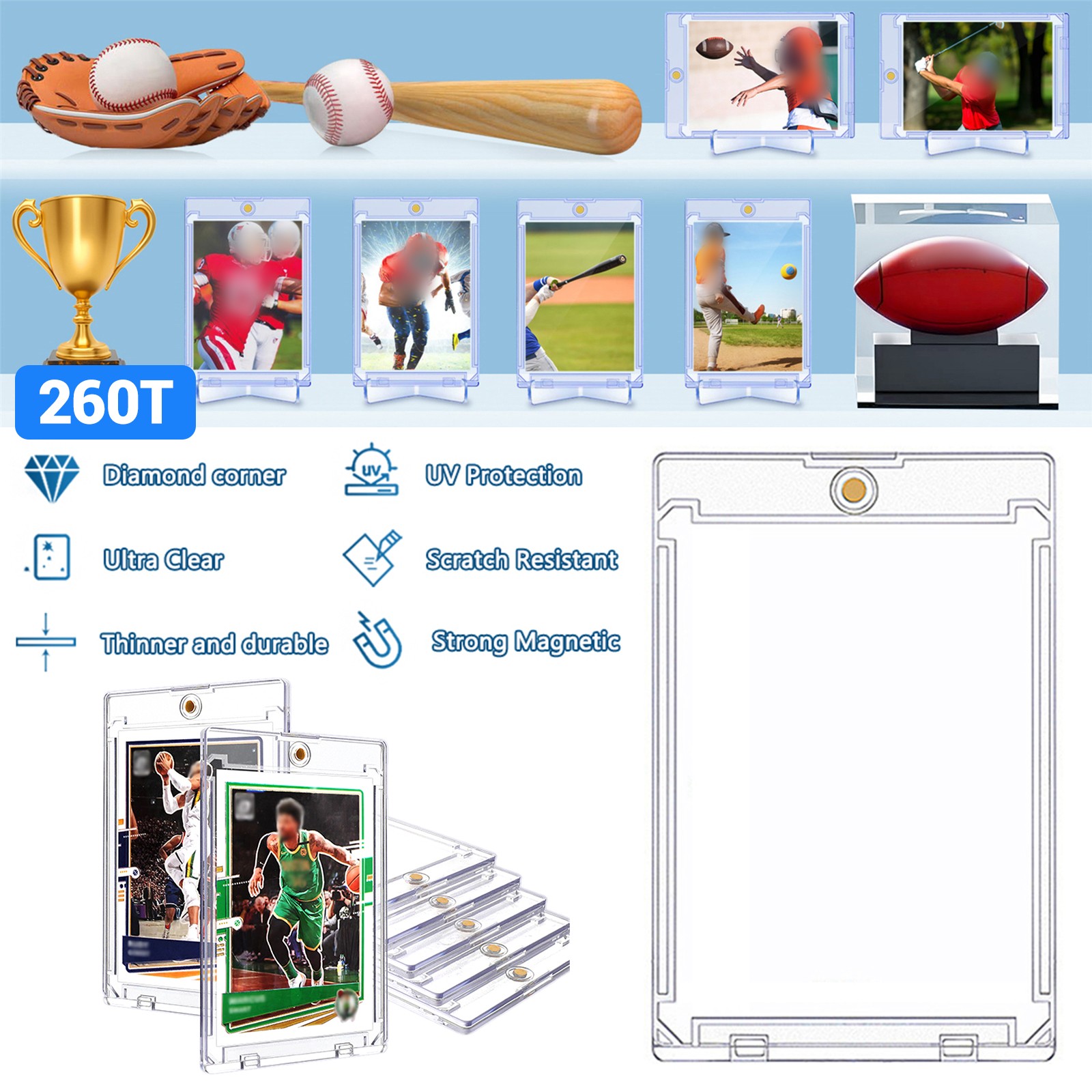 10-100Pcs Magnetic Ultrathin Trading Card Holder for 260PT Hard Case Protector