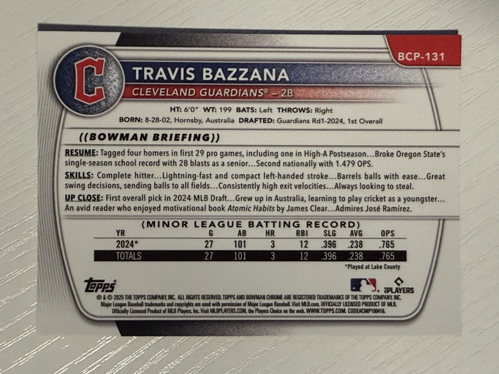Travis Bazzana 2025 Bowman Chrome Prospects Reptilian Refractor #BCP-131