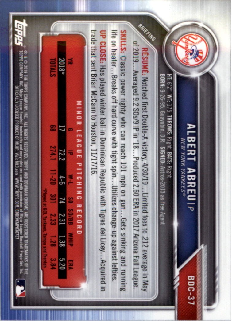 2019 Bowman Chrome Draft #BDC37 Albert Abreu – BB
