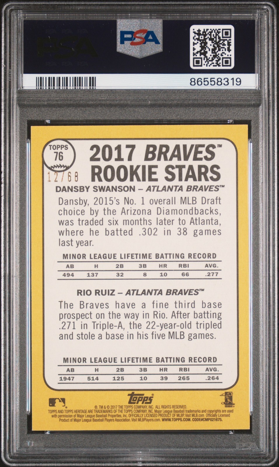 Dansby Swanson 2017 Topps Heritage Chrome Blue Refractor RC 12/68 PSA 10 Pop 12