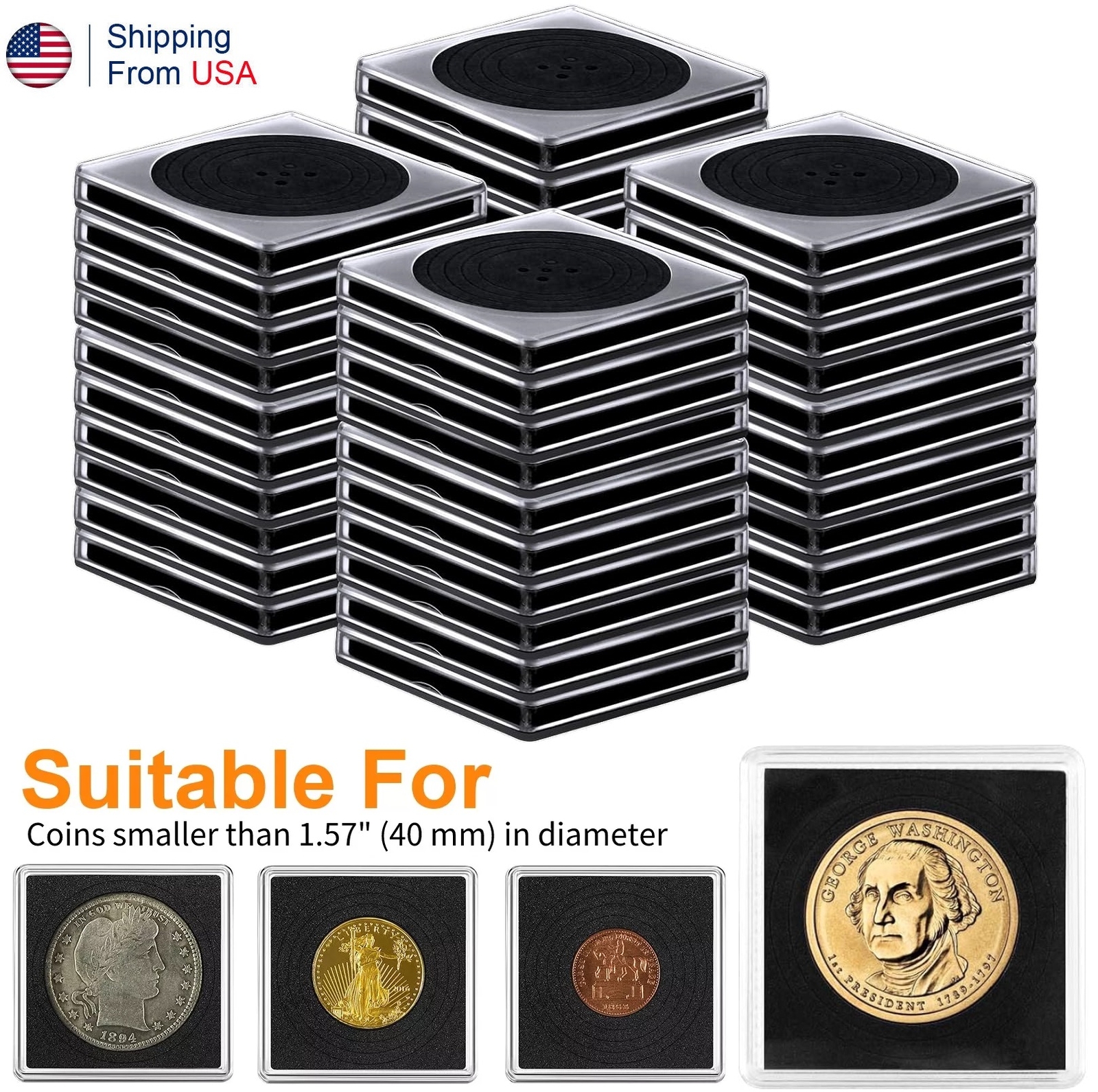 30Pcs Adjustable Acrylic Coin Collection Cases with Sponges Coin Snap Holder USA