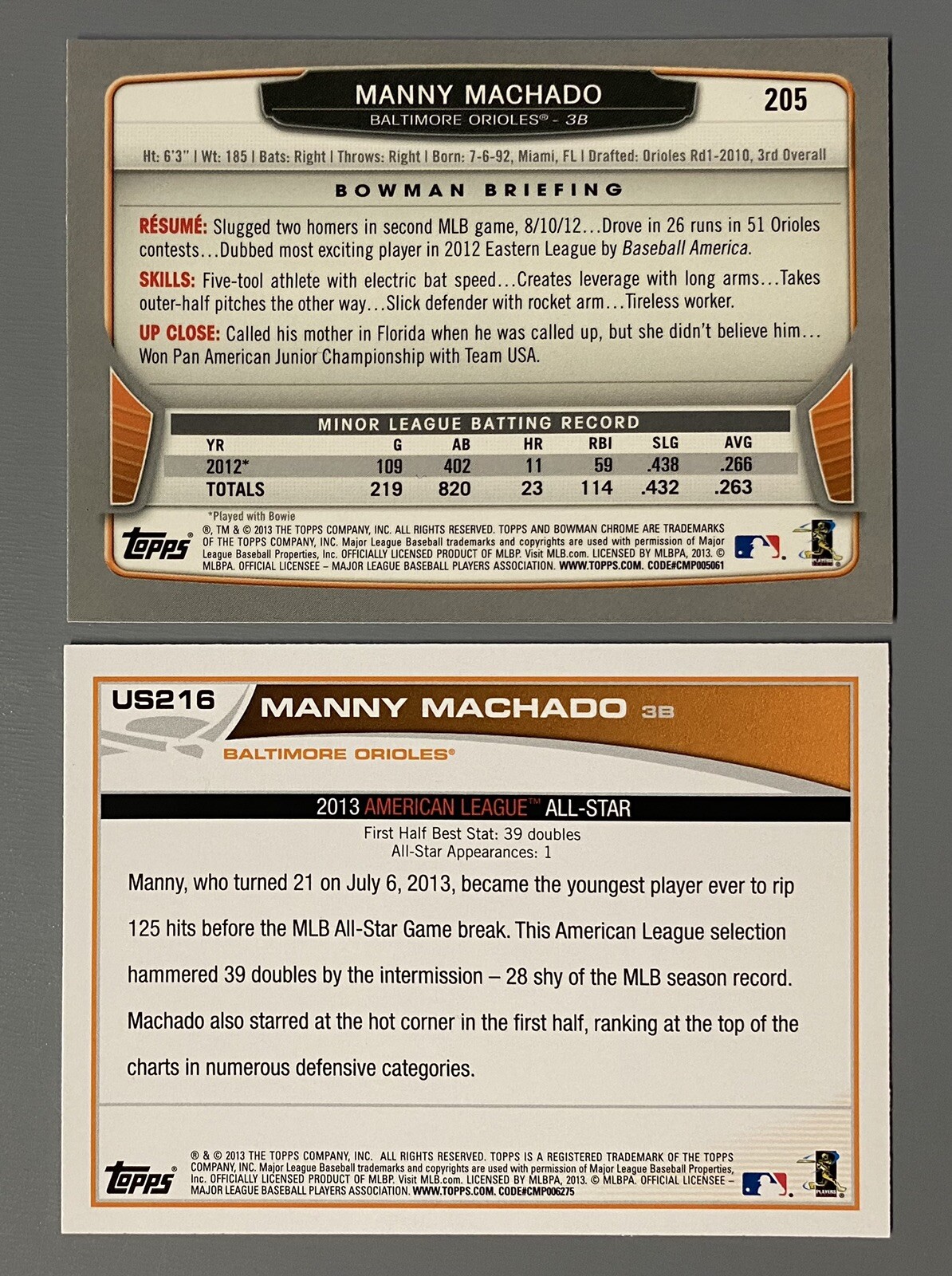Two 2013 Manny Machado RC: Bowman Chrome Rookie #205, Topps Update Series #US216