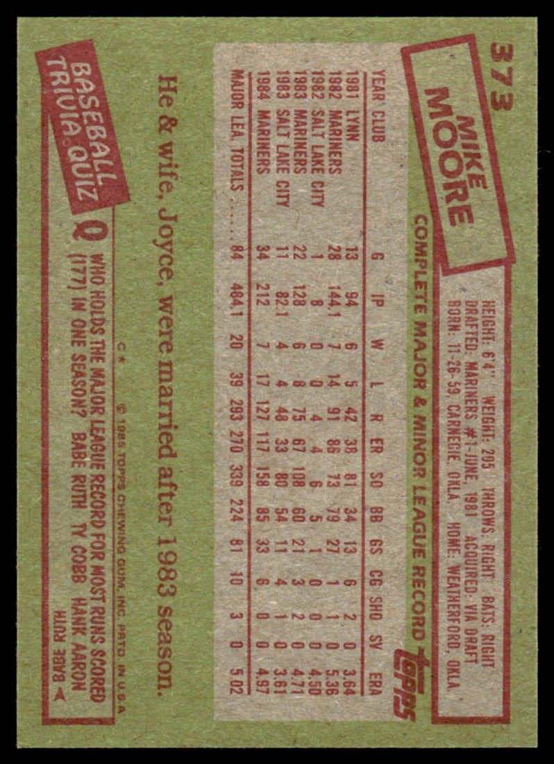 Mike Moore Mariners 1985 Topps Baseball Card #373