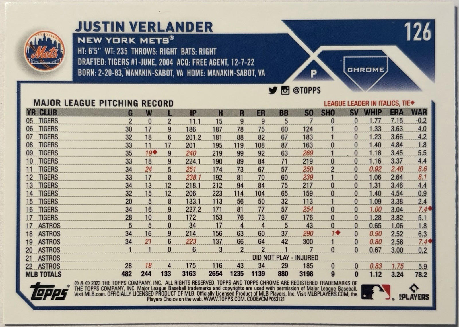 2023 Topps Chrome – Justin Verlander #126 Pink Refractor