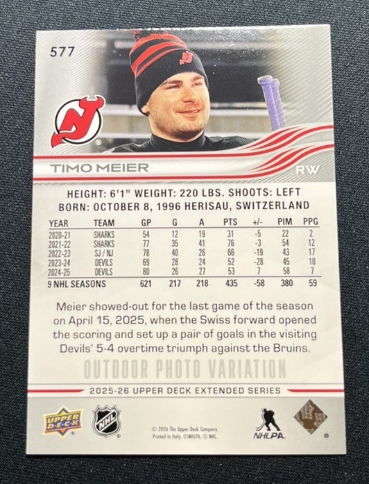 2025-26 Upper Deck Extended Outdoor Photo Variation SSP #577 Timo Meier Devils