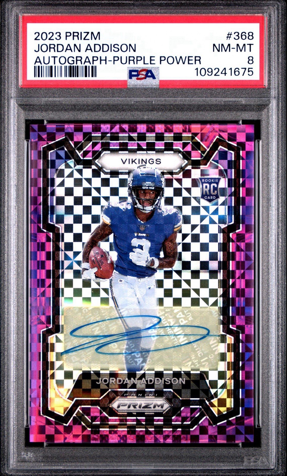 2023 Prizm- Rookies Jordan Addison #368 Autographs Purple Power 3/49 -Jersey #
