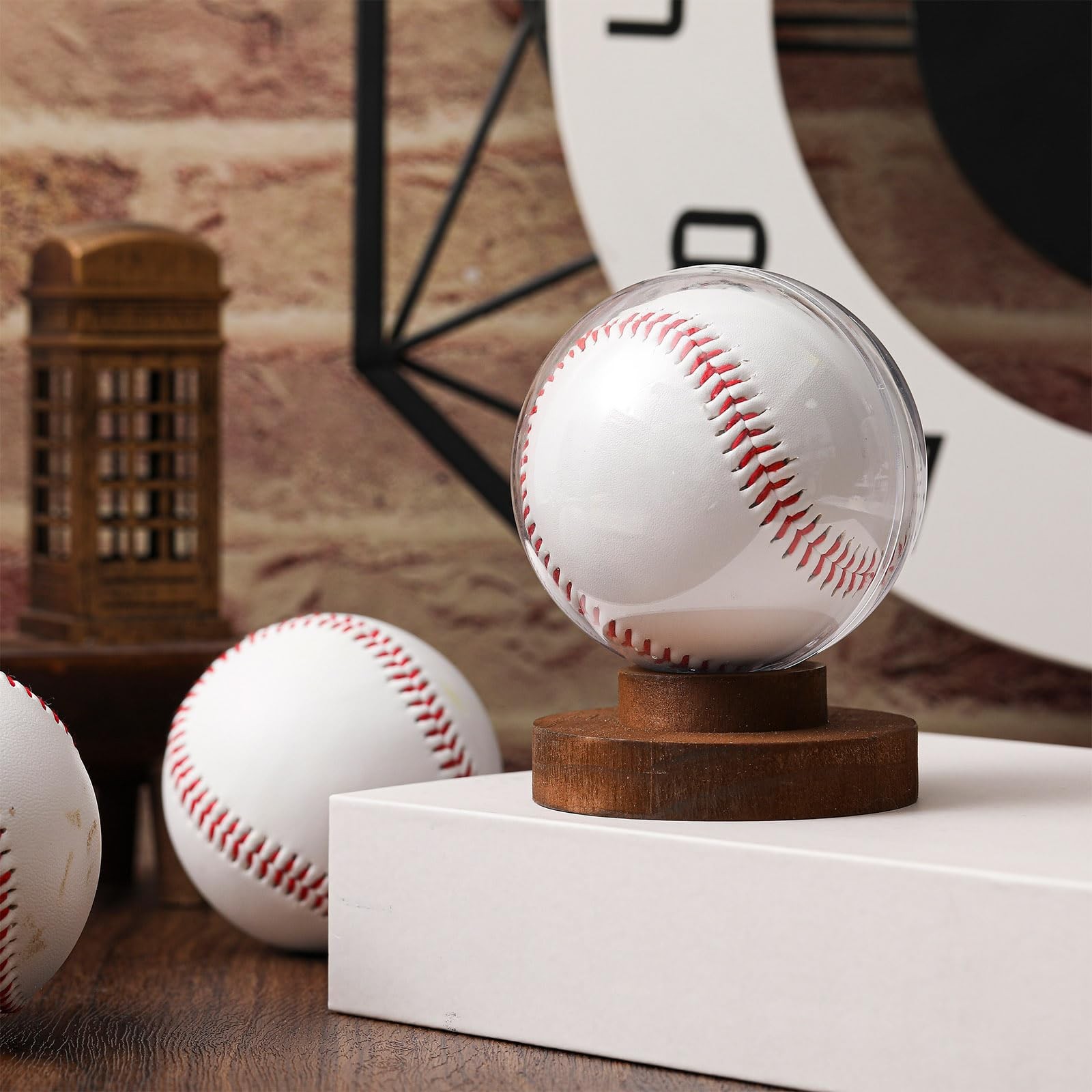 1 Set Baseball Display Case Wood Base Baseball Holder Stand Box Round Clear B…