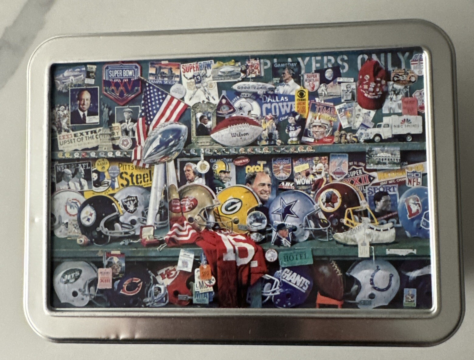 NFL Super Bowl XXV Silver Anniversary Candy Tin w/ SB Booklet (5” x 7” x 4”)