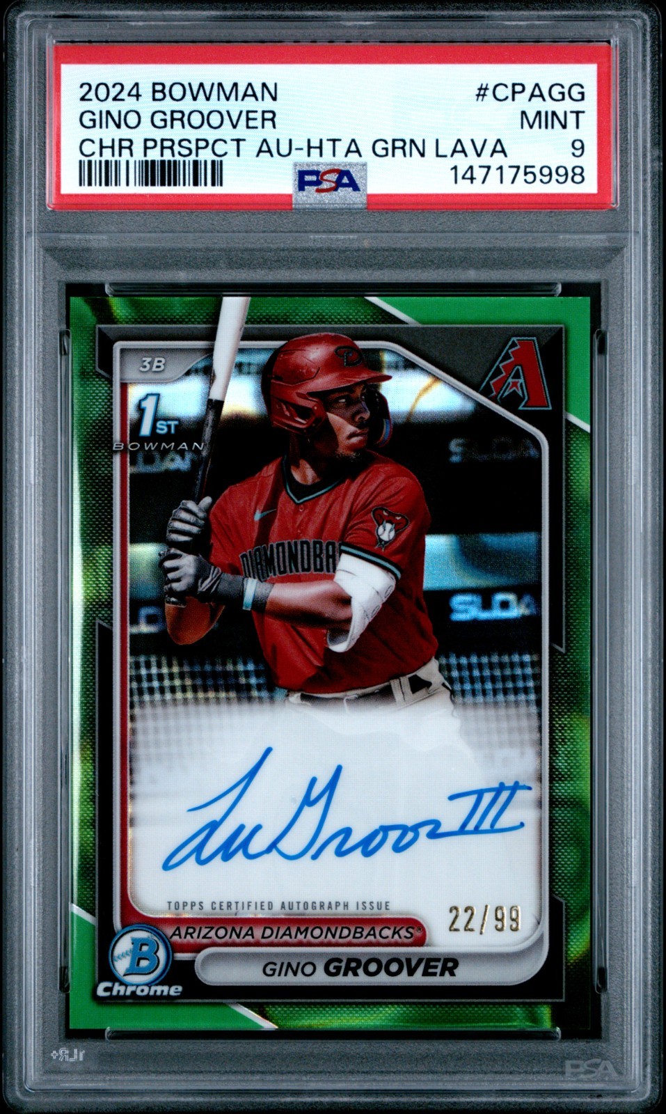 LuJames Gino Groover 2024 Bowman Chrome Green Lava 1st Auto /99 PSA 9