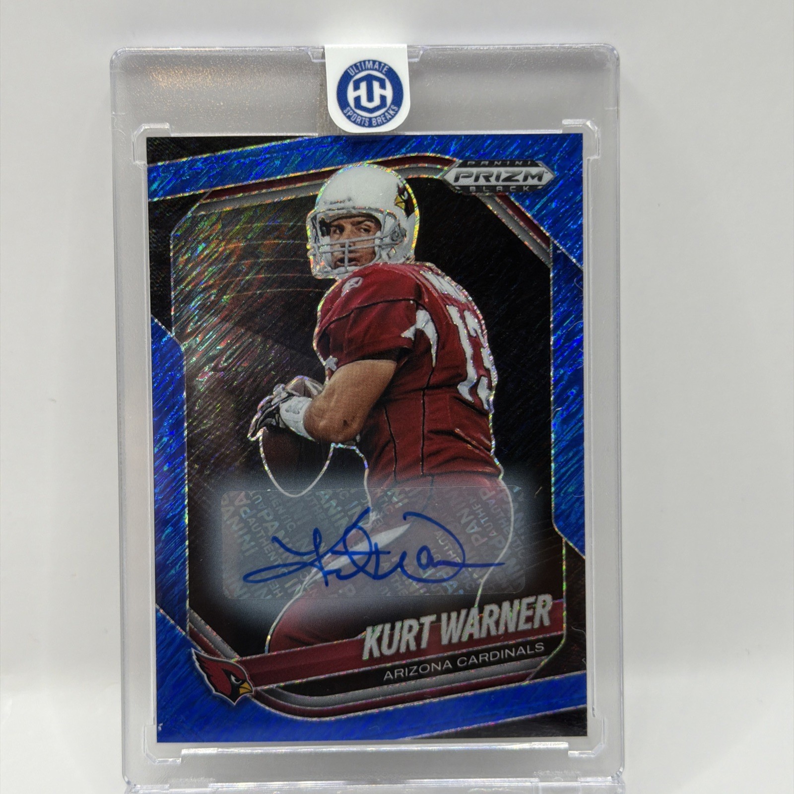 Kurt Warner HOF 2025 Panini Black Blue Shimmer Prizm #1 Cardinals AUTO /15