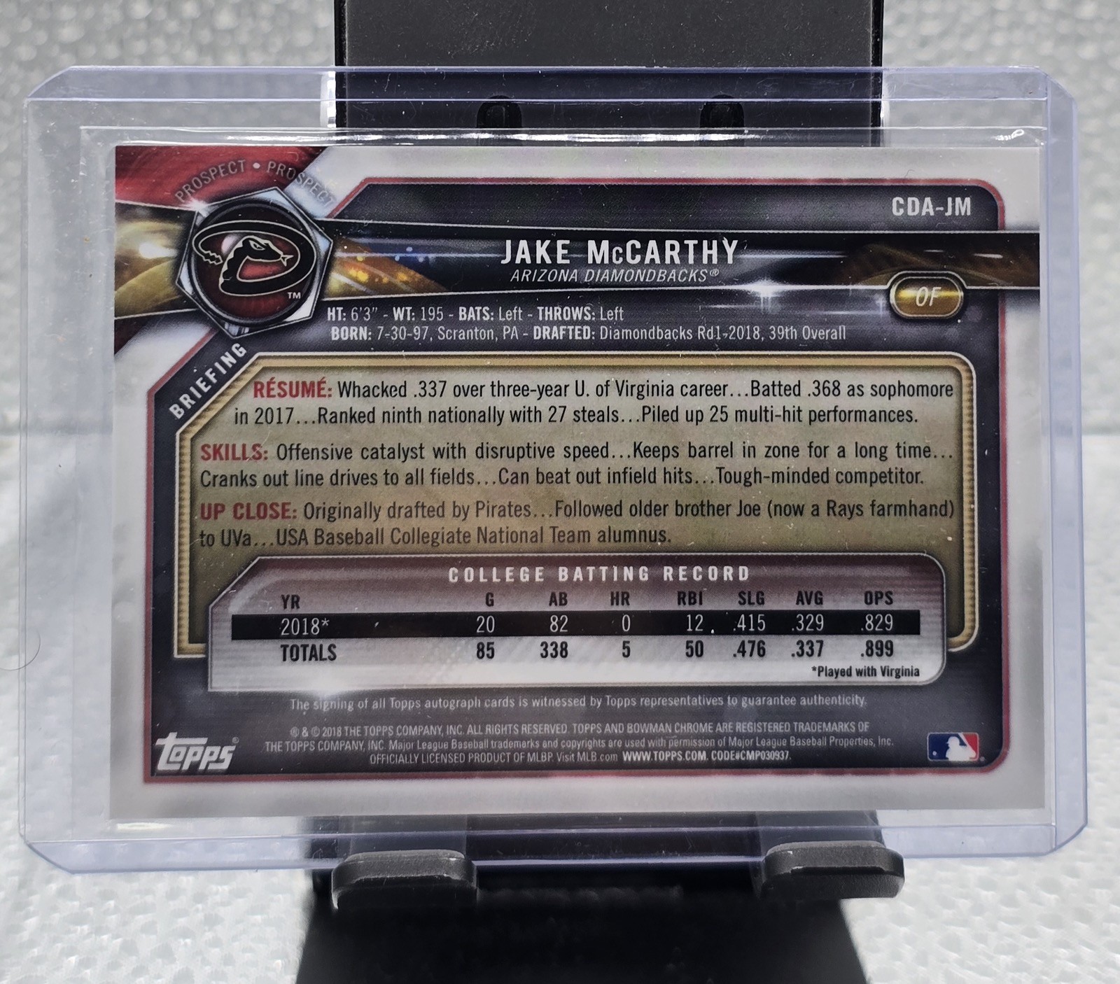 2018 Bowman Draft Chrome Jake McCarthy 1st Bowman Prospect Auto #CDA-JM!