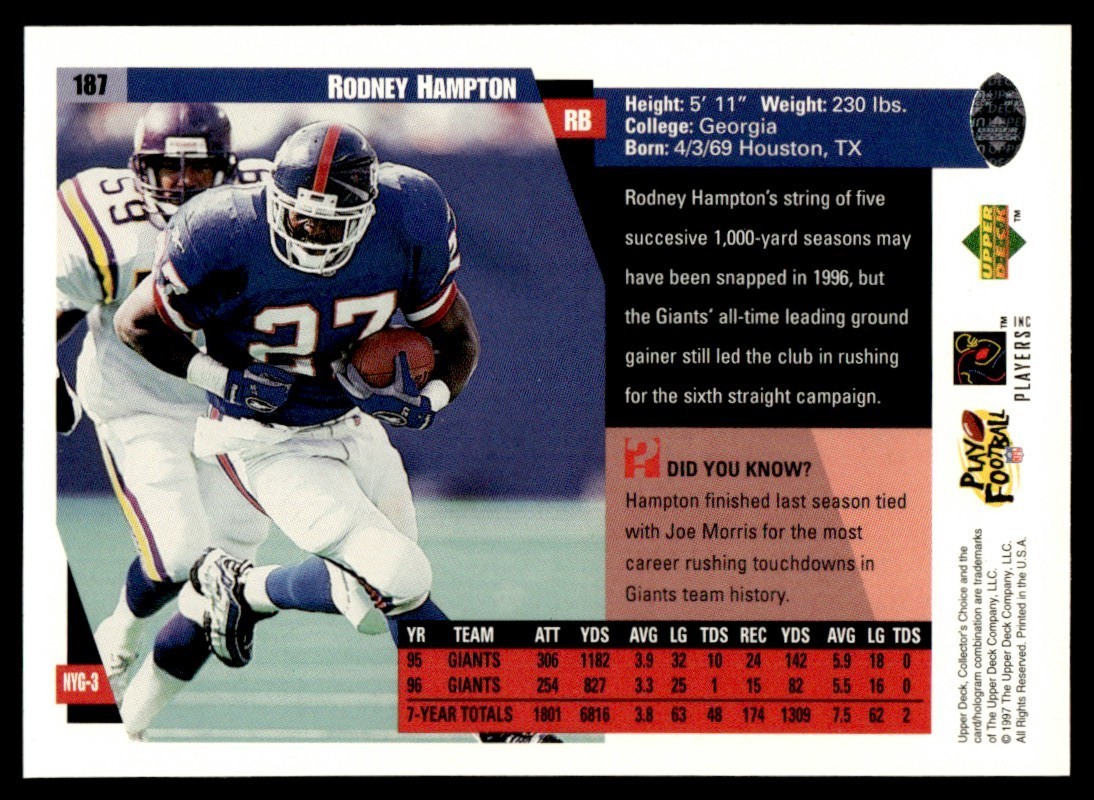 1997 Collector’s Choice Rodney Hampton New York Giants #187 15821