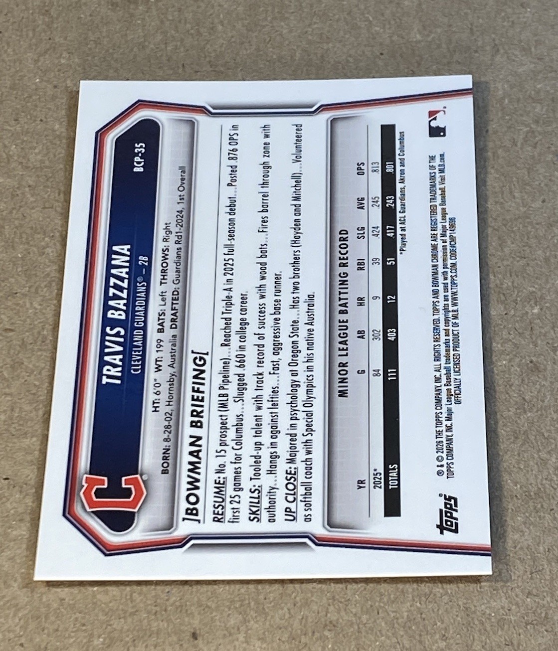 Travis Bazzana 2026 Bowman Chrome Prospect Orange Mojo Refractor /25 Guardians